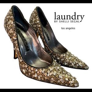 𝅺LAUNDRY by Shelli Segal Brown bronze sequin Rhinestone high heels size 5.5